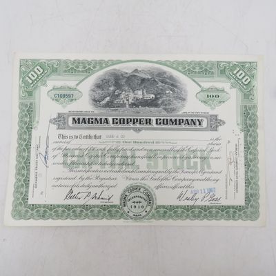 Share Certificate 1962 in Magma Copper Company in favour of Cudd and co.