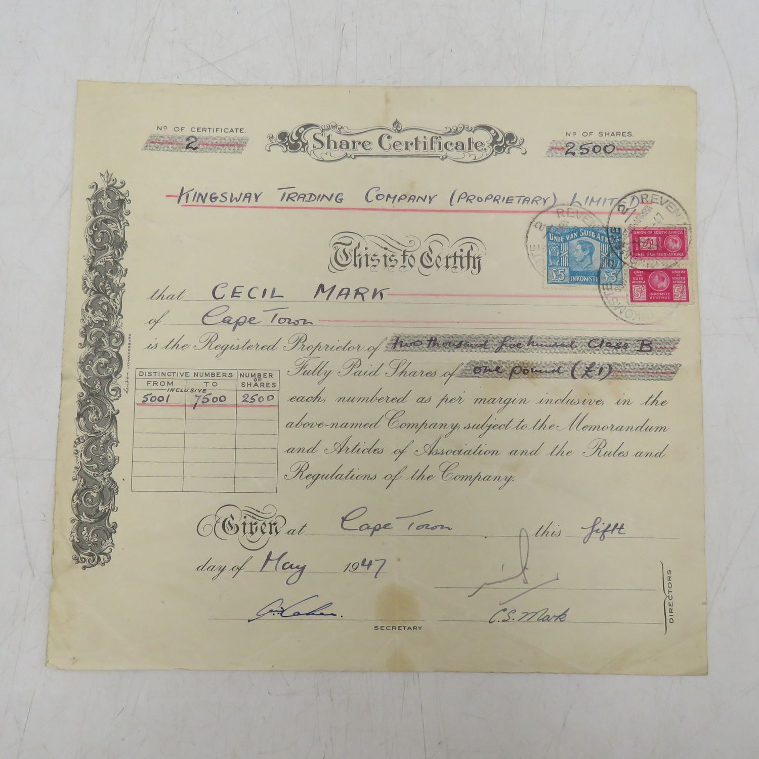 1947 Share Certificate in Kingsway Trading Co. in Favour of Cecil Mark