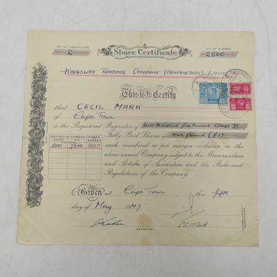 1947 Share Certificate in Kingsway Trading Co. in Favour of Cecil Mark