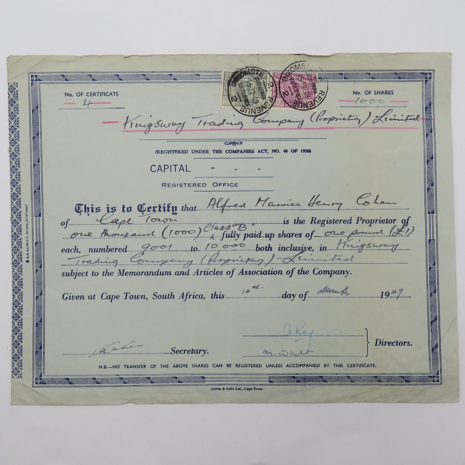 1949 Share certificate in Kingsway Trading co in favour of Alfred MH Cohen - with revenue stamps