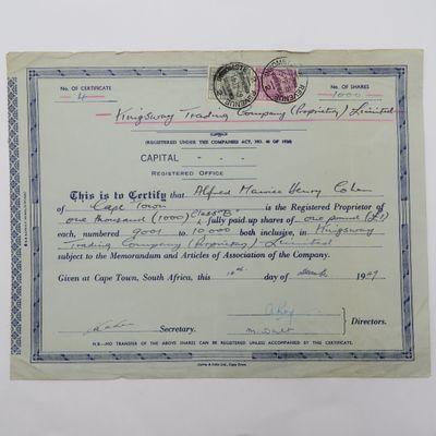 1949 Share certificate in Kingsway Trading co in favour of Alfred MH Cohen - with revenue stamps
