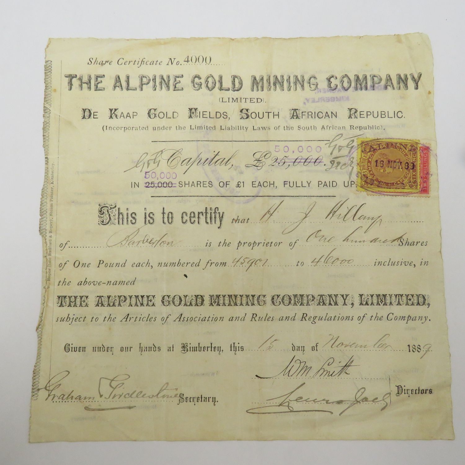 1889 Share certificate in the Alpine Gold mining company in favour of HJ Hillamp