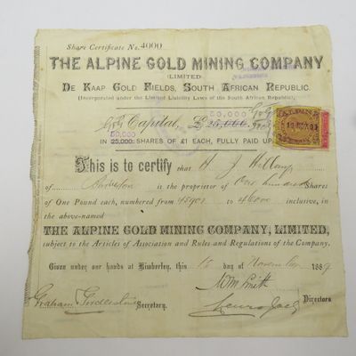 1889 Share certificate in the Alpine Gold mining company in favour of HJ Hillamp