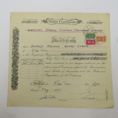 1947 Share Certificate in Kingsway trading co. in Favour of AMH Cohen - 3 wartime small revenue stamps