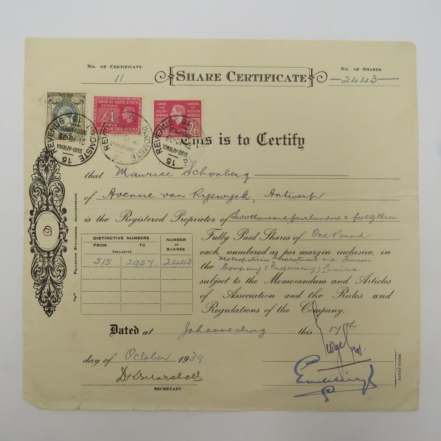 1939 Share certificate in metropolitan Investment and Finance co in favour of Maurice Schonberg
