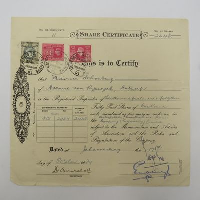 1939 Share certificate in metropolitan Investment and Finance co in favour of Maurice Schonberg