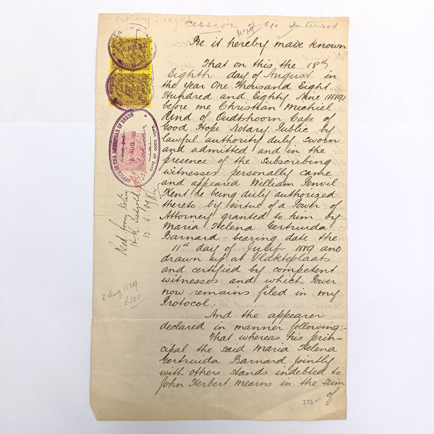Deed of transfer to MHB Barnard - farms Kruisrivier and Waterkloof - Oudtshoorn 1889