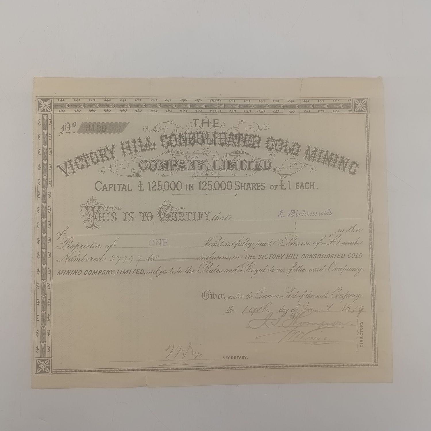 1889 Share certificate in Victory Hill Consolidated Gold Mining in favour of E Birkenruth