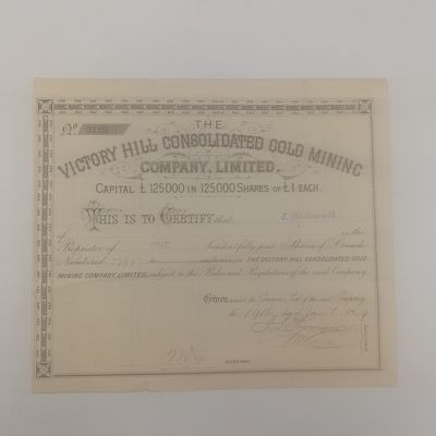 1889 Share certificate in Victory Hill Consolidated Gold Mining in favour of E Birkenruth