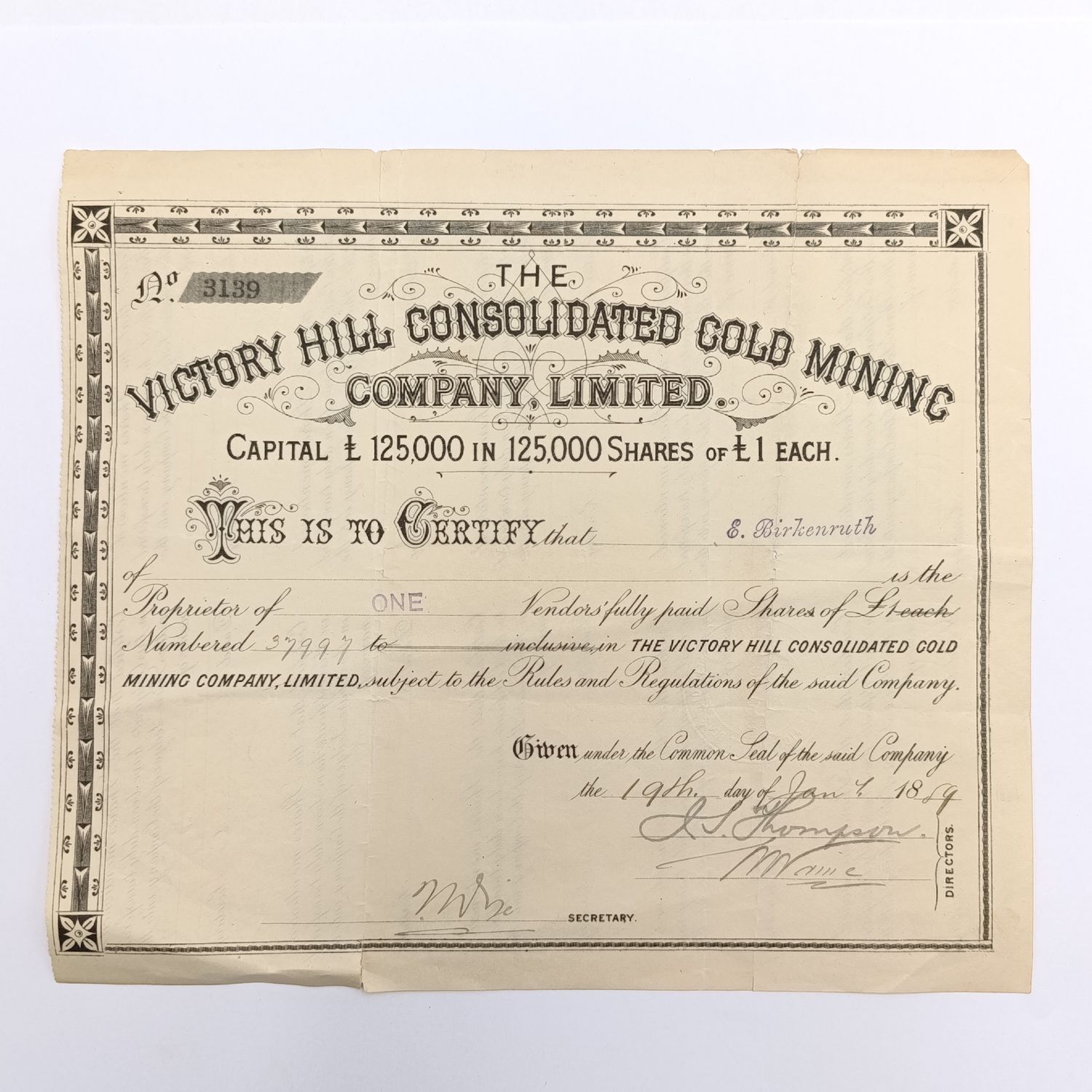 1889 Share certificate in Victory Hill Consolidated Gold Mining in favour of E Birkenruth