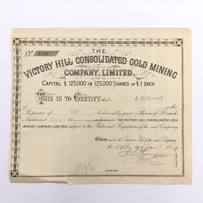 1889 Share certificate in Victory Hill Consolidated Gold Mining in favour of E Birkenruth