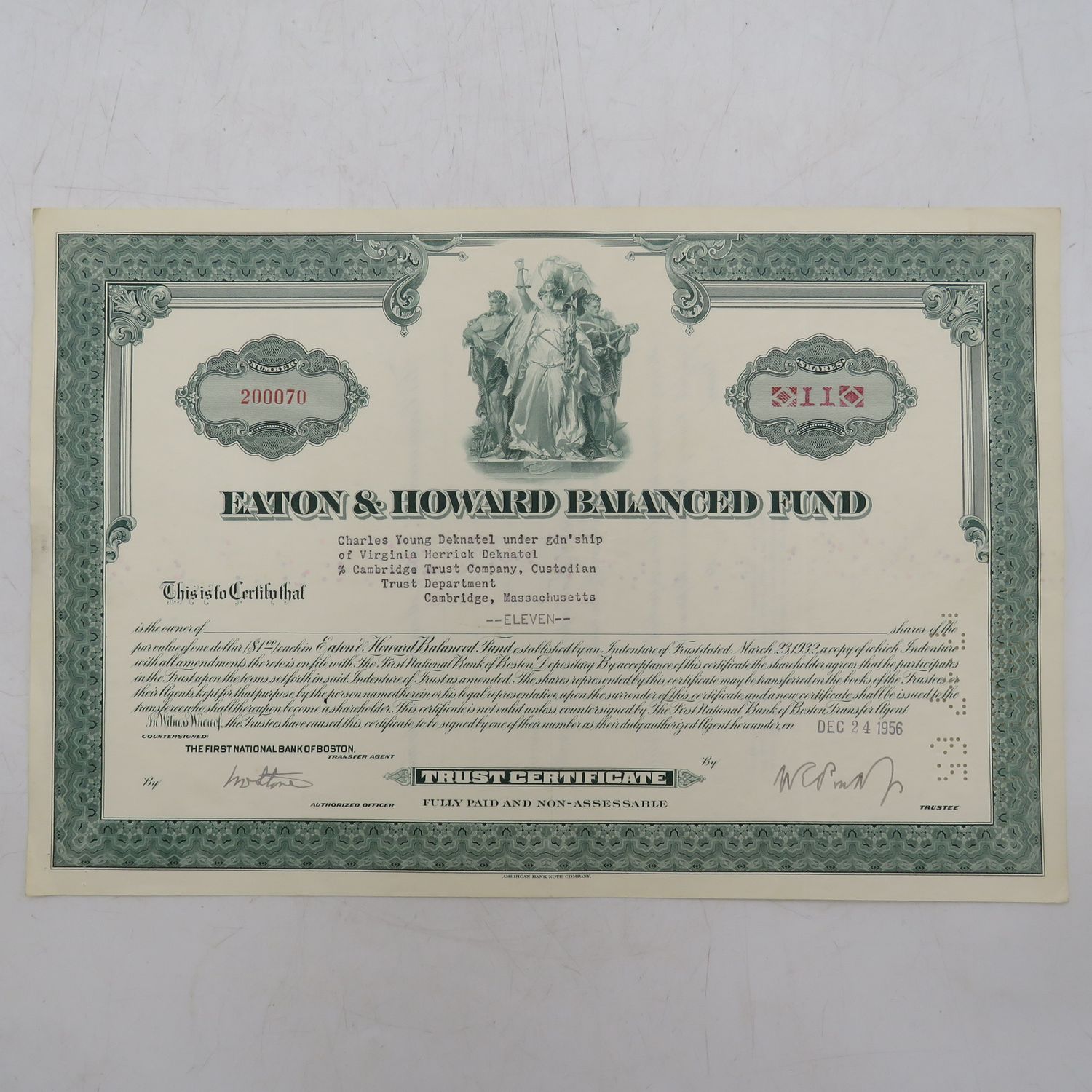 1956 Share certificate in Eaton and Howard Balanced Fund in favour of Charles Young Deknatel