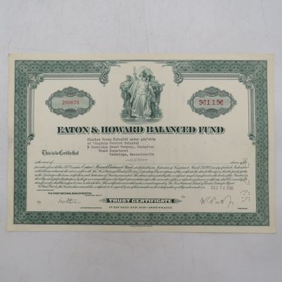 1956 Share certificate in Eaton and Howard Balanced Fund in favour of Charles Young Deknatel