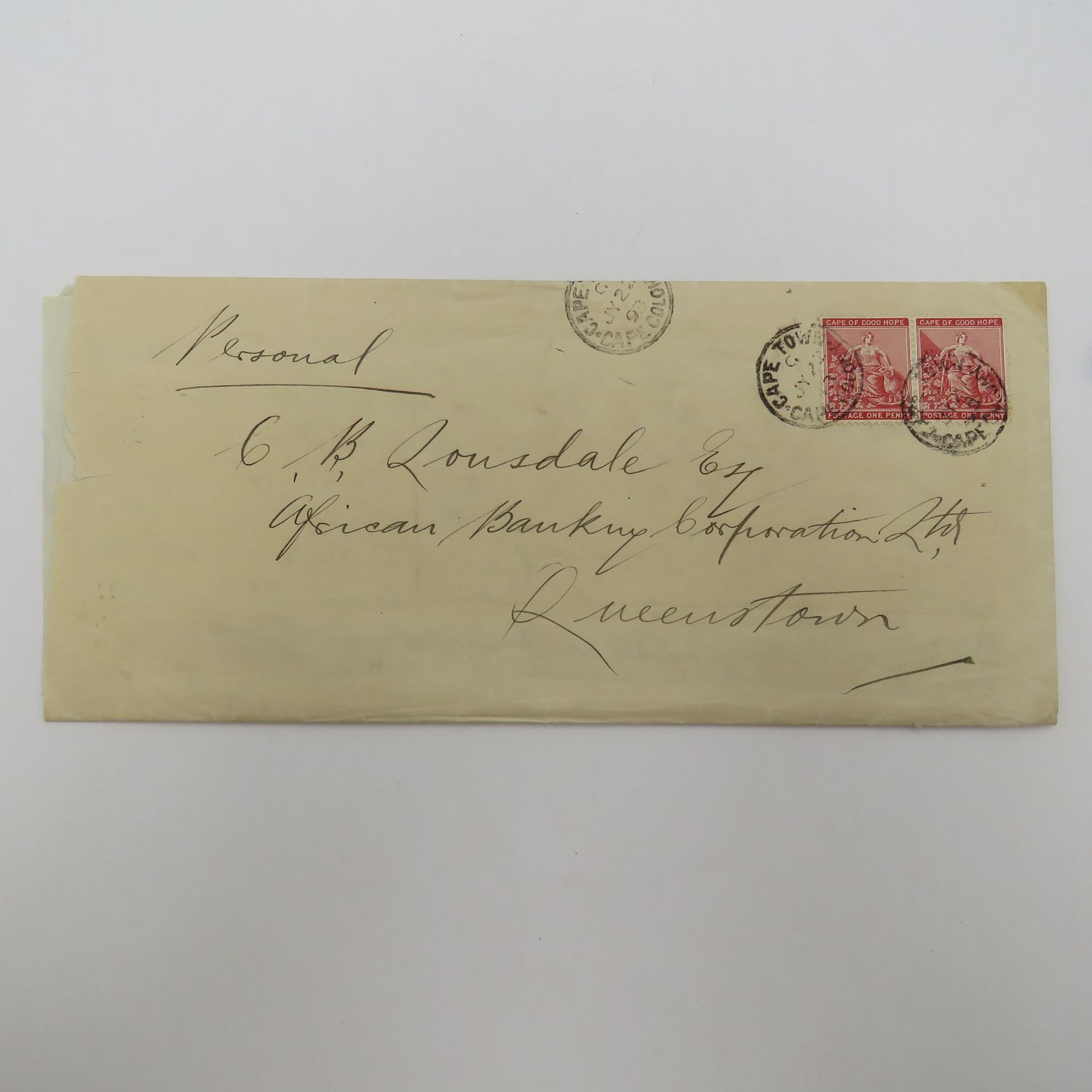 1893 Postal cover Cape Town to Queenstown with 2 Cape of Good Hope One penning stamps