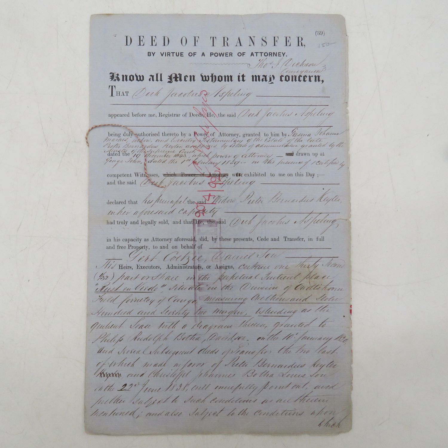 Deed of transfer to Gert Coetzee Danielson - Rust en vrede Oudtshoorn 1859