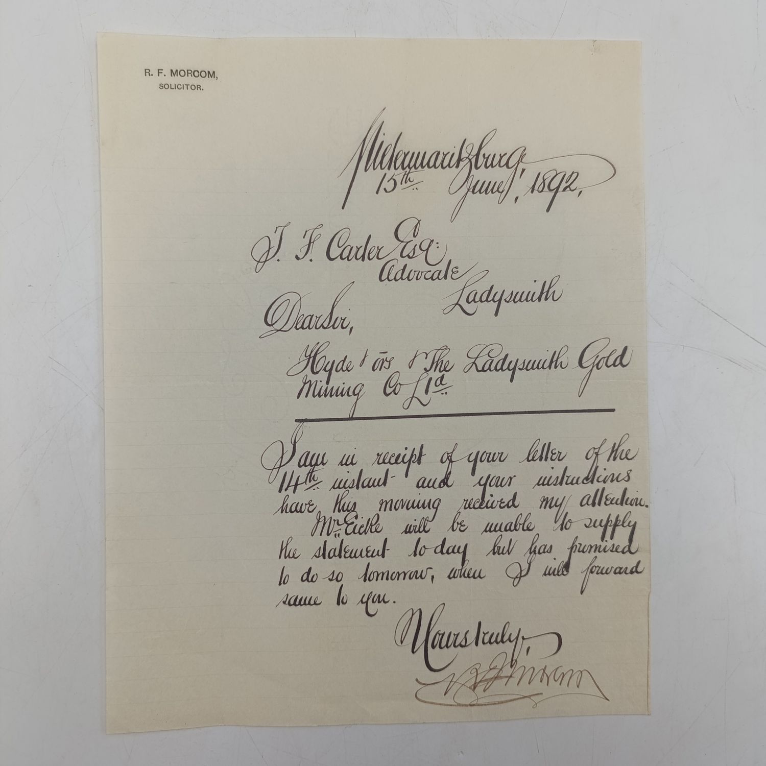 Letter written to Advocate Carter on 15/6/1892 mentioning the Ladysmith Gold Mining Company