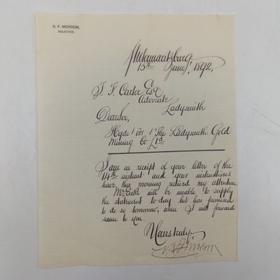 Letter written to Advocate Carter on 15/6/1892 mentioning the Ladysmith Gold Mining Company
