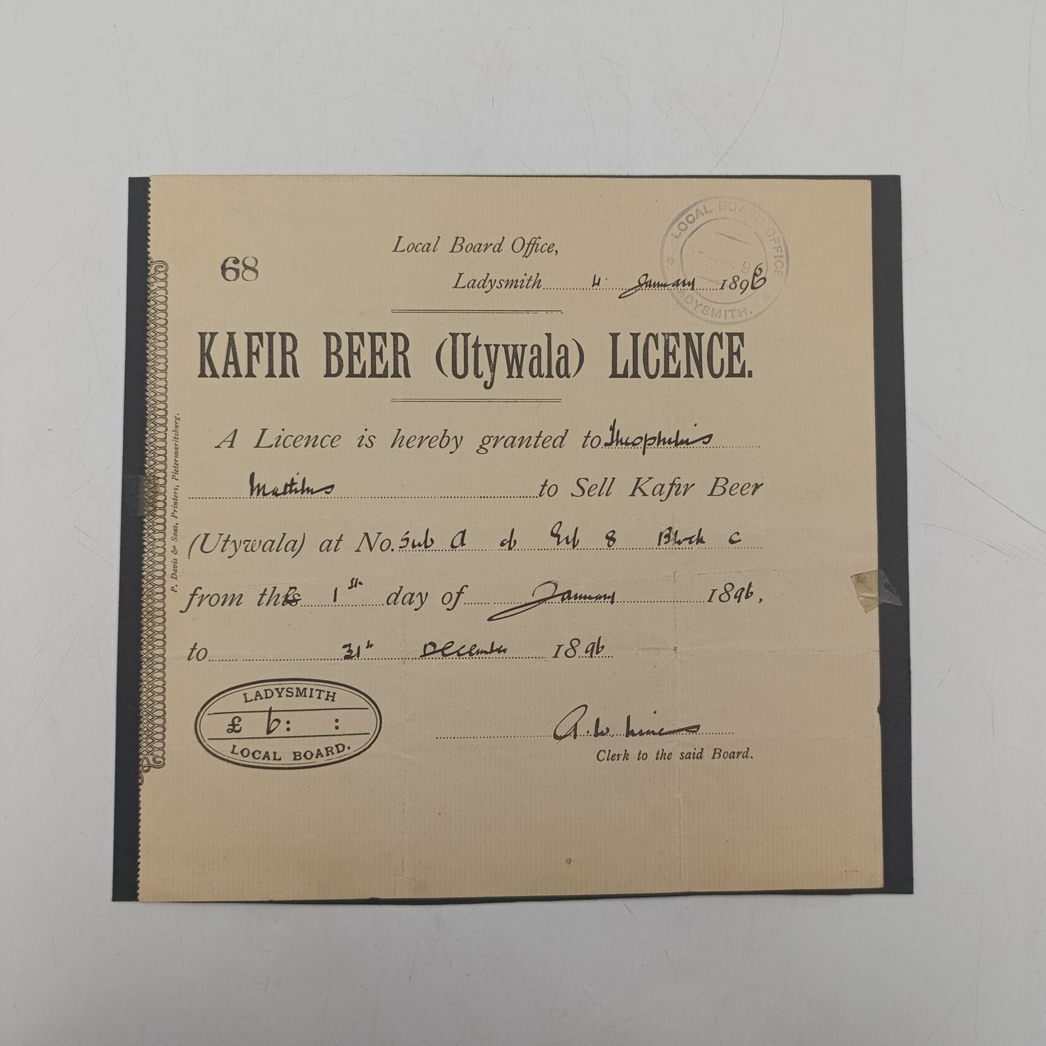 1896 Ladysmith Kafir Beer License