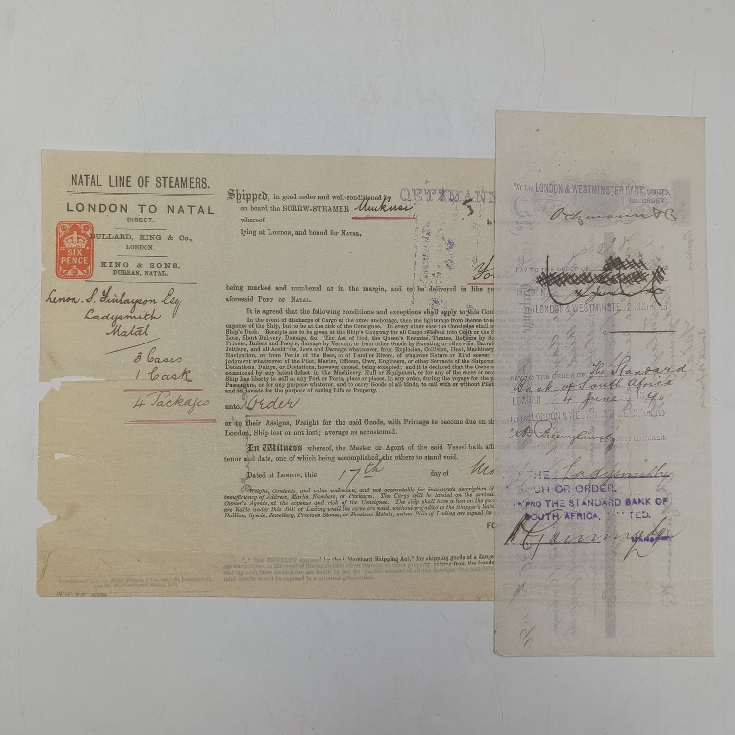 Bill of Exchange for 45 pounds paid for a ticket on the Screw Steamer Umkasi