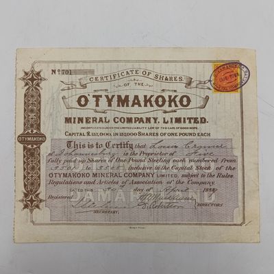 1889 Share certificate in OTYMAKOKO mineral co in favour of Louis Cramer