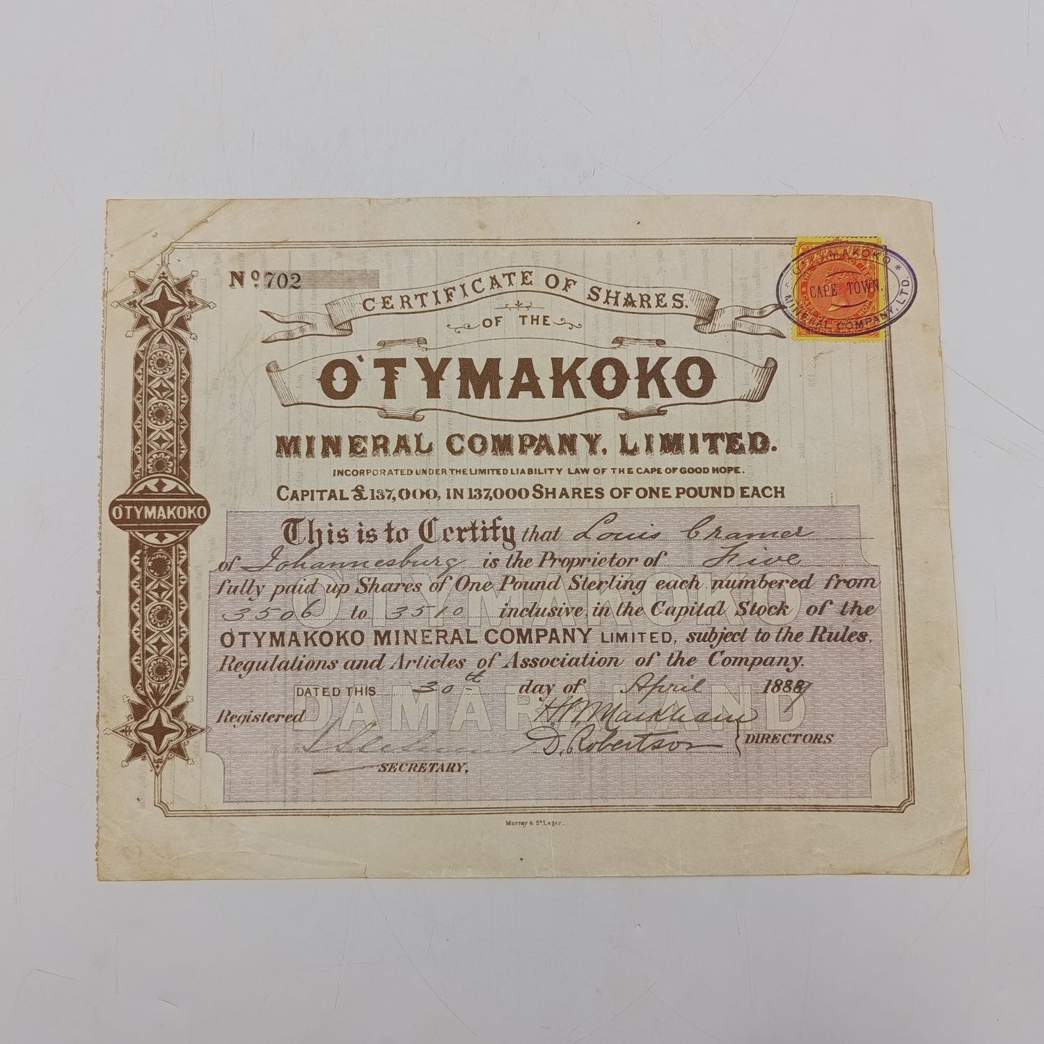 1889 Share certificate in the OTYMAKOKO mineral co in favour of Louis Cramer