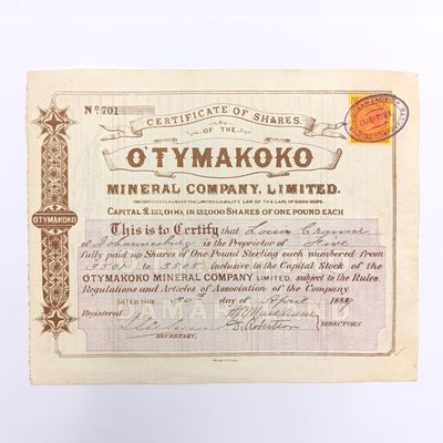 1889 Share certificate in the OTYMAKOKO mineral co in favour of Louis Cramer