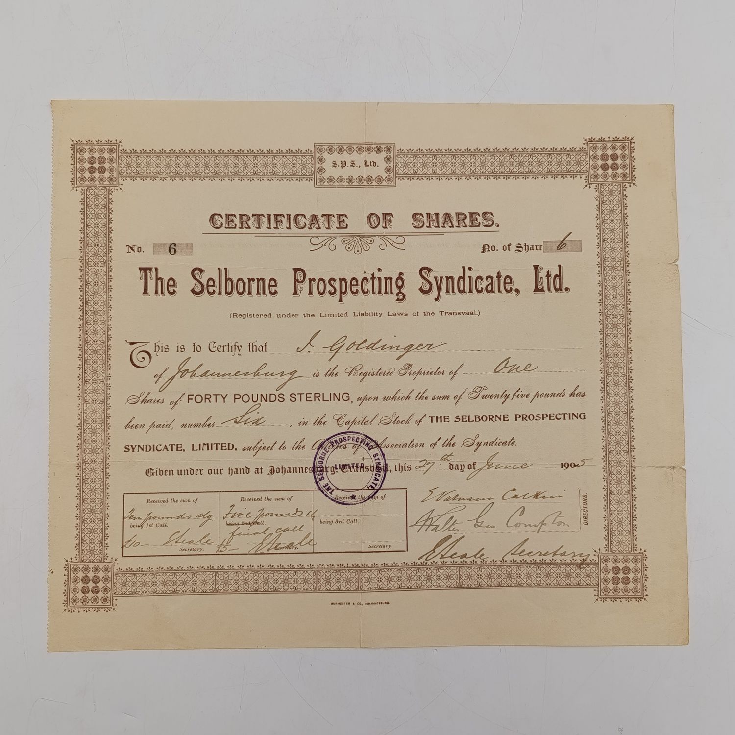 1905 Share Certificate in The Selbourne Prospecting syndicate in favour of J Goldlinger