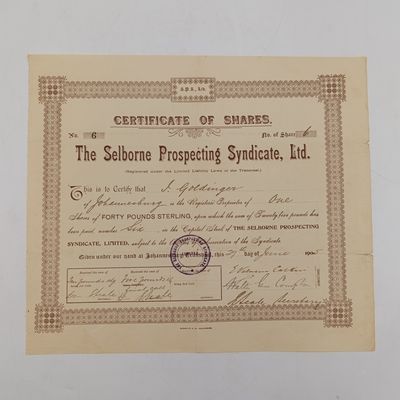 1905 Share Certificate in The Selbourne Prospecting syndicate in favour of J Goldlinger