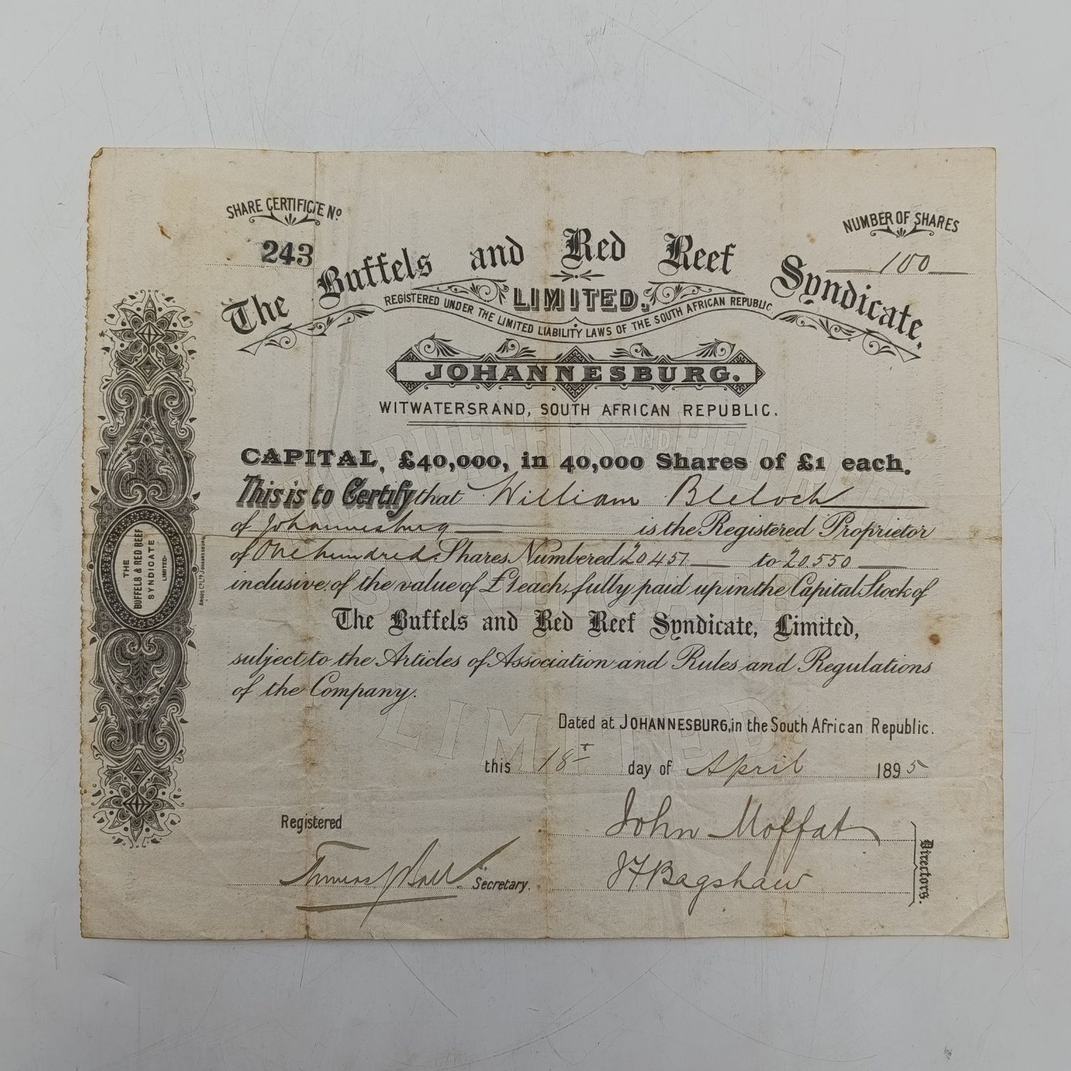 1895 Share Certificate in The Buffels and Red reef Syndicate in favour of William Bulock