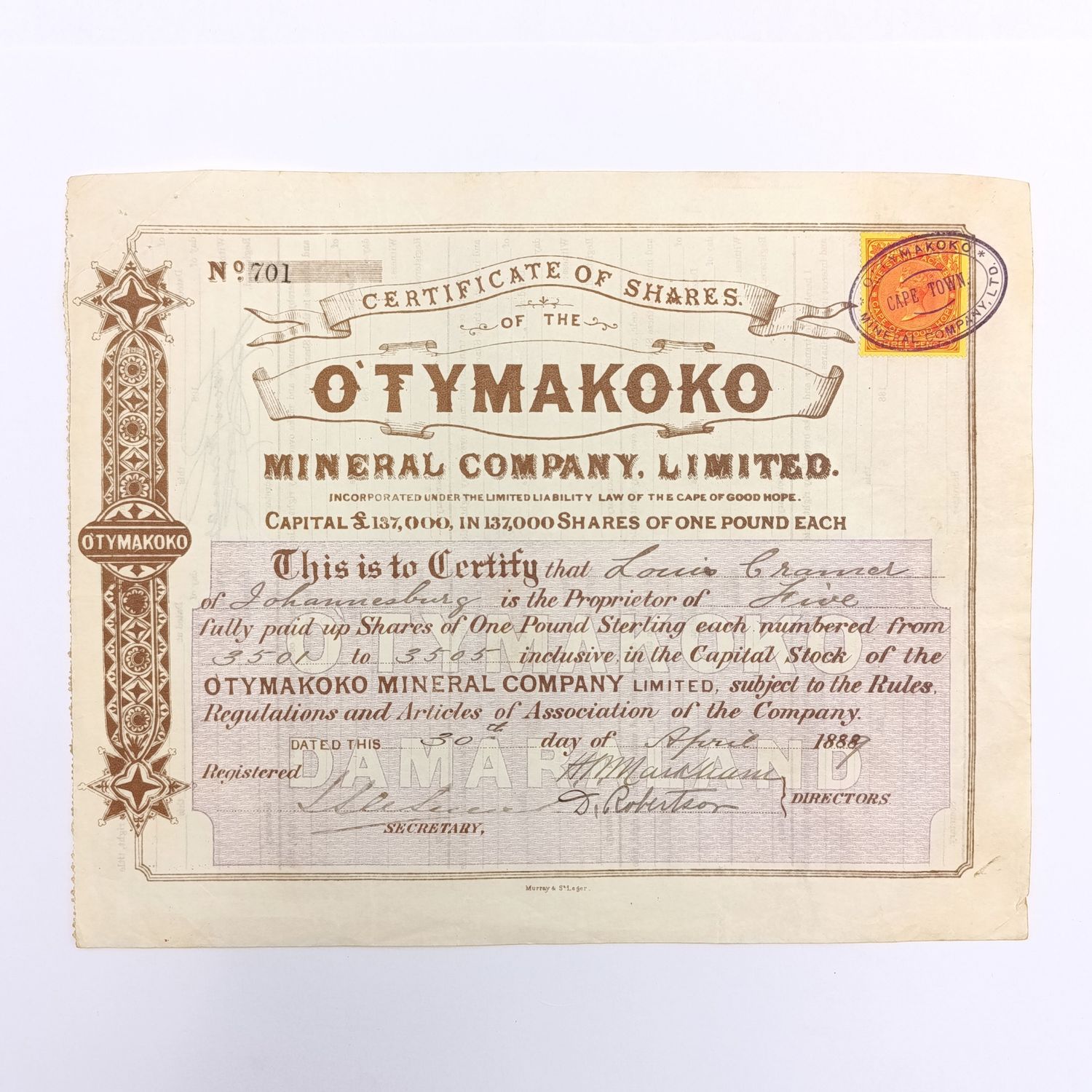 1895 Share Certificate in The Buffels and Red reef Syndicate in favour of William Bulock