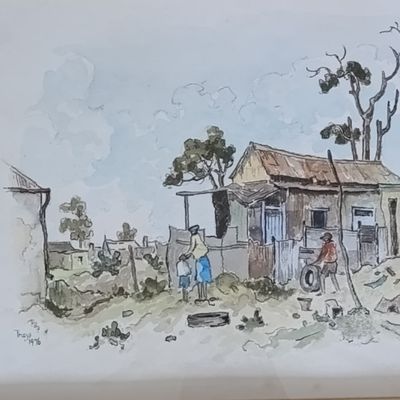 Conrad Theys watercolour township landscape painting in frame