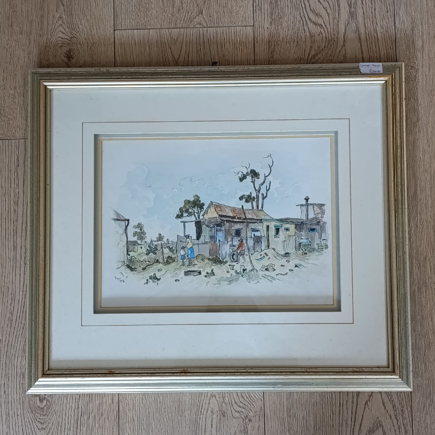 Conrad Theys watercolour township landscape painting in frame