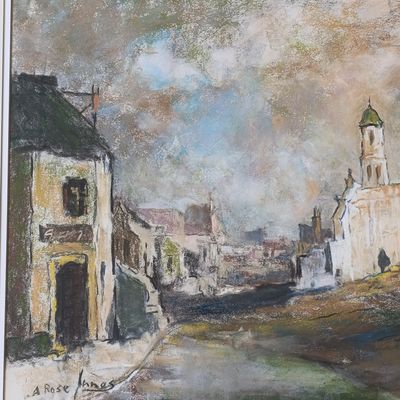 Alexander Rose-Innes pastel painting of town in frame with glass