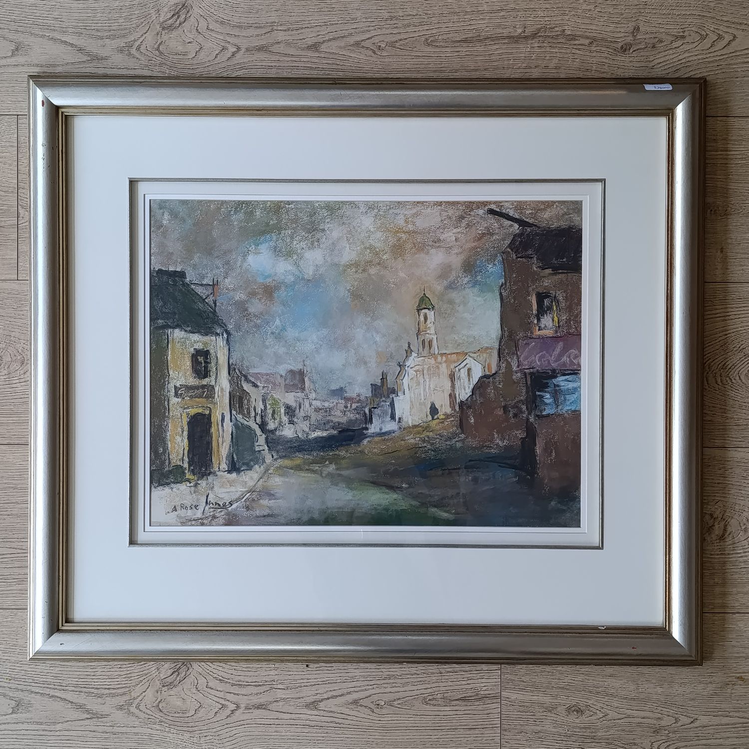 Alexander Rose-Innes pastel painting of town in frame with glass  Frame sizes: length - 99cm  width - 86cm  Art size: length - 69.5cm  width - 53.8cm