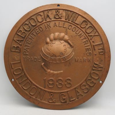 Vintage metal Babcock and Wilcox 1933 London and Glasgow makers plate