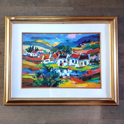 Isabel Le Roux Landscape painting of farm houses in frame with glass