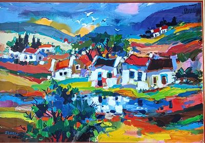 Isabel Le Roux Landscape painting of farm houses in frame with glass