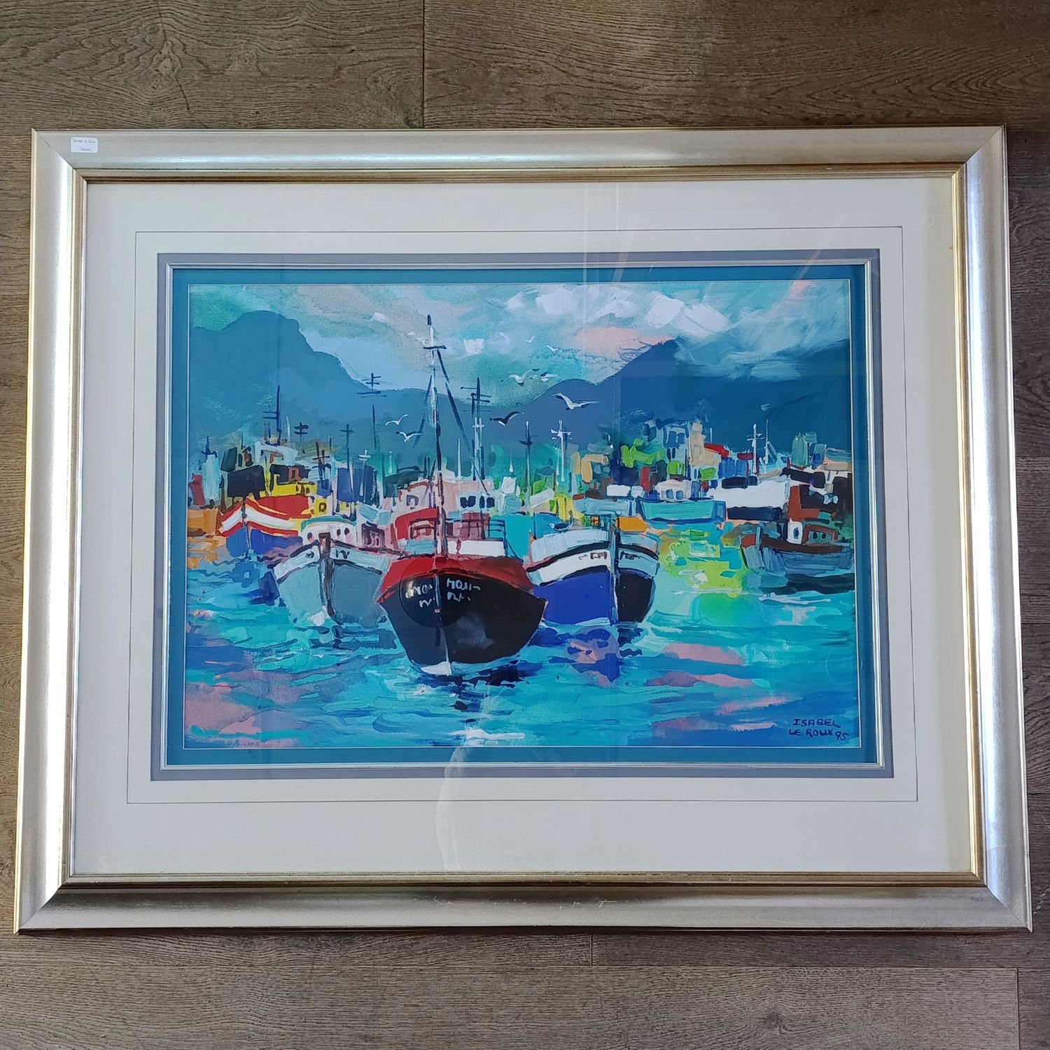 Isabel Le Roux oil painting of ships in harbour in frame with glass
