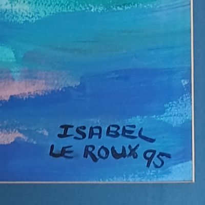 Isabel Le Roux oil painting of ships in harbour in frame with glass