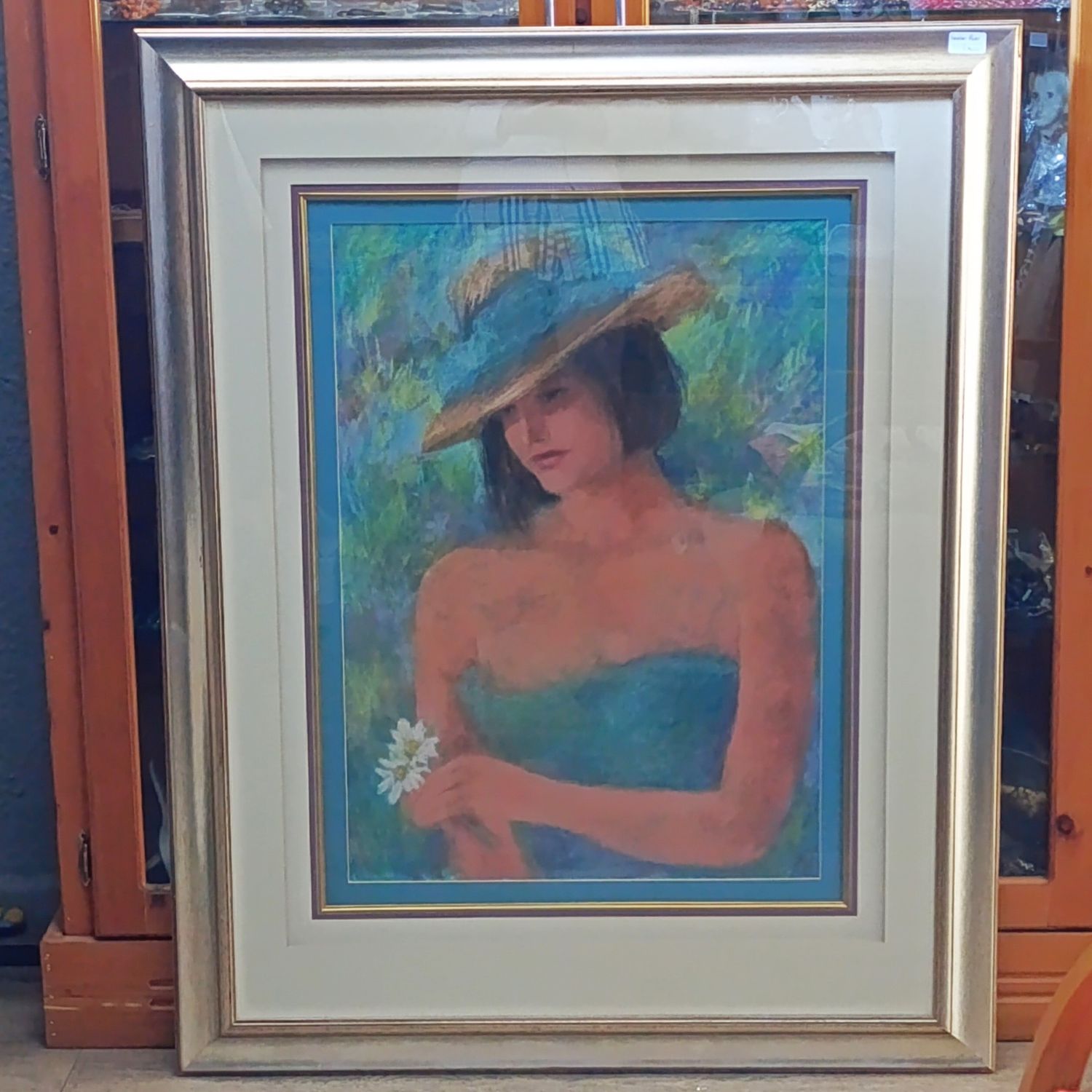 Beautiful Heather Auer pastel portrait painting in frame with glass