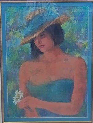Beautiful Heather Auer pastel portrait painting in frame with glass