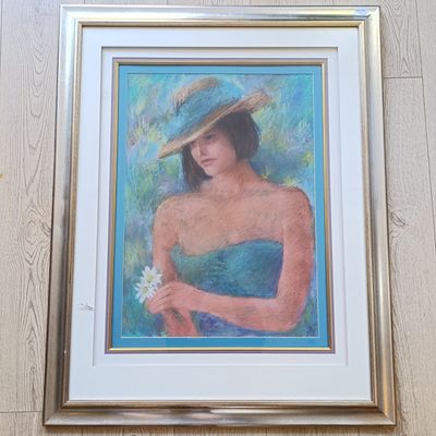 Beautiful Heather Auer pastel portrait painting in frame with glass