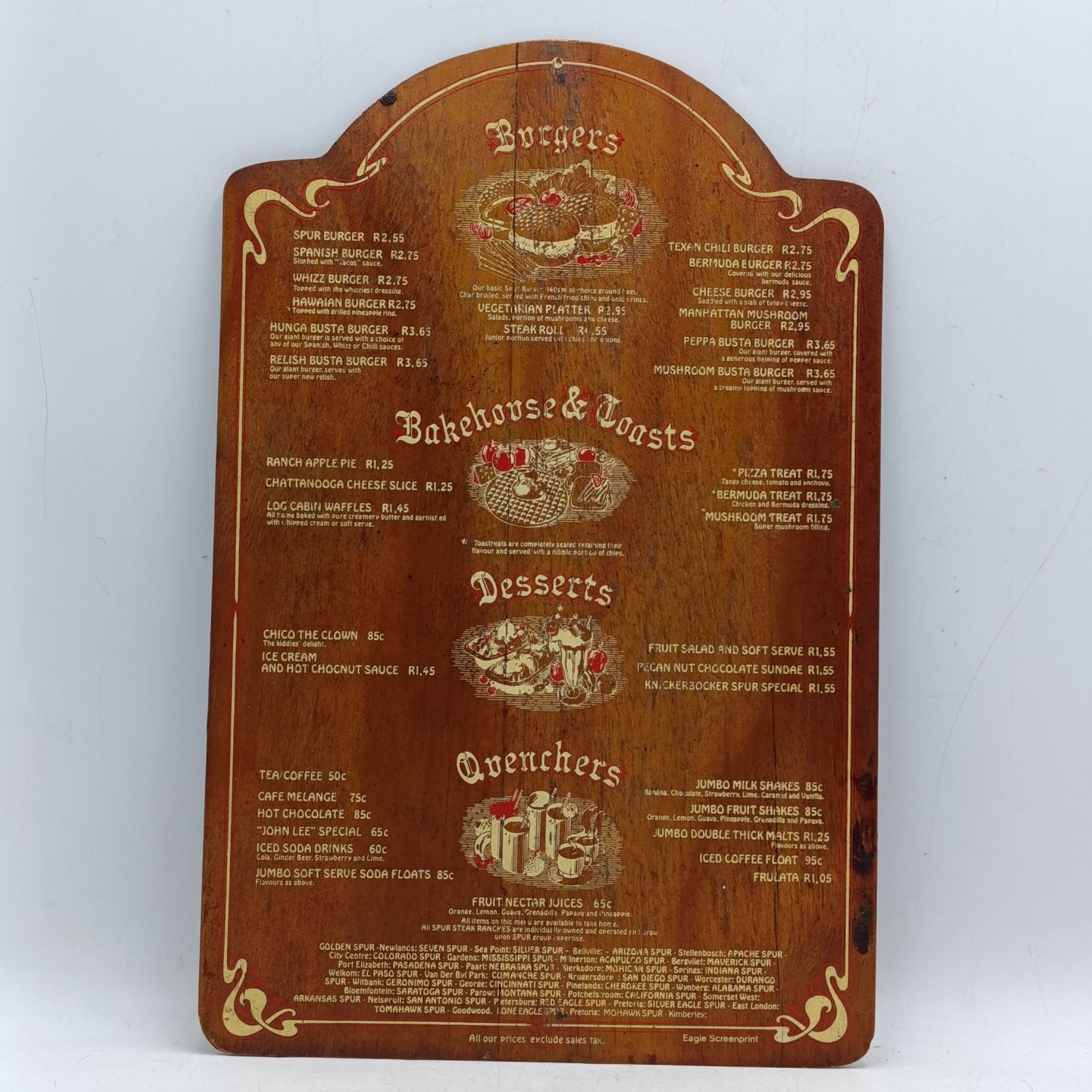 Vintage wooden SPUR menu - Navaho Spur - Spur Burger R2.55
