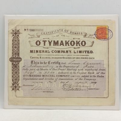 Share Certificate 1889 O'TYMAKOKO MINERAL Company Ltd issued to Louis Cramer