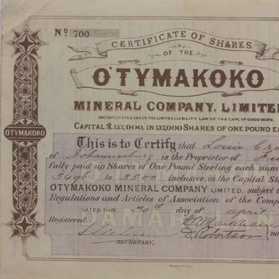 Share Certificate 1889 O'TYMAKOKO MINERAL Company Ltd issued to Louis Cramer