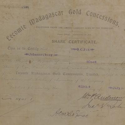Share certificate for Lecomte Madagascar Gold Consessions Ltd Rare - issued 1905