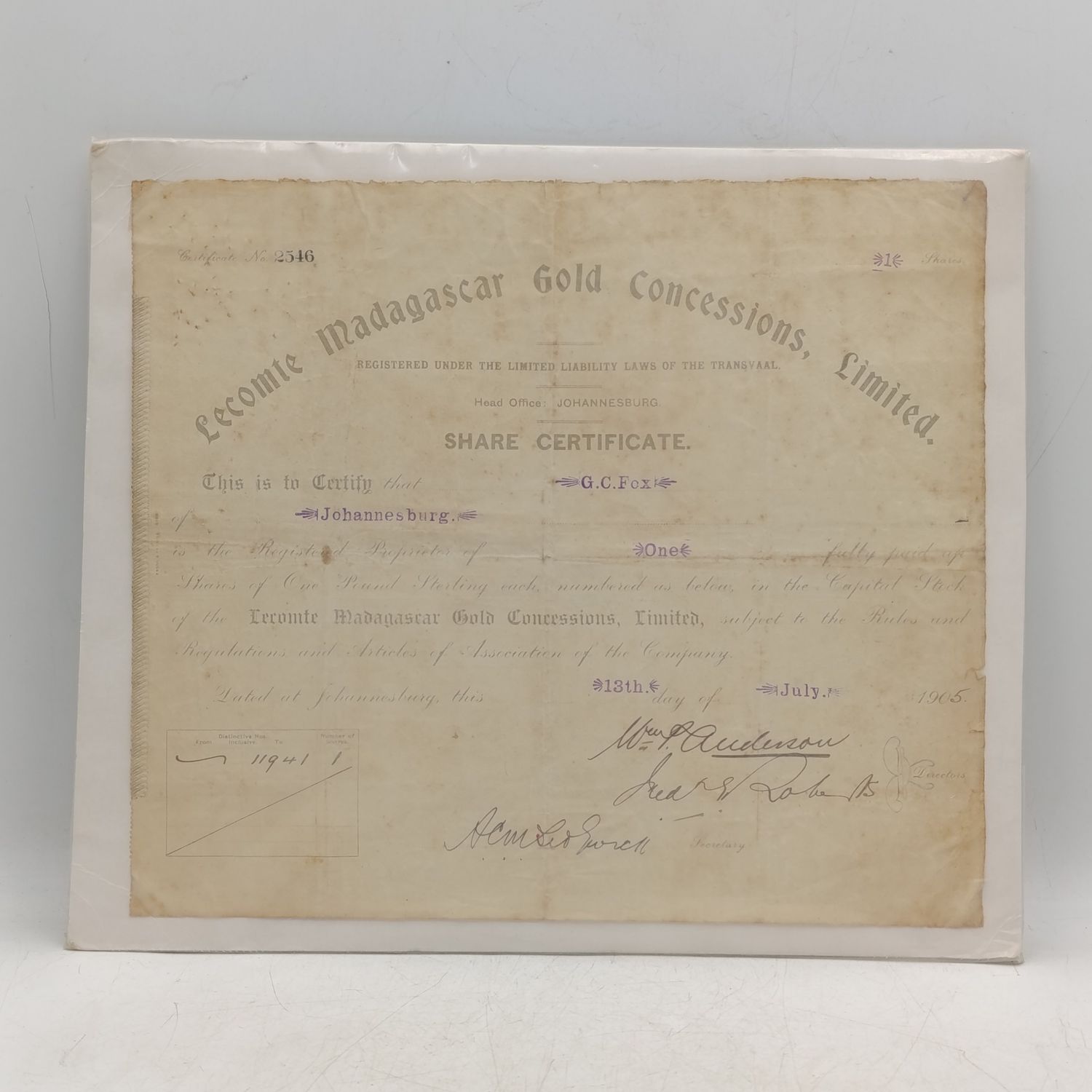 Share certificate for Lecomte Madagascar Gold Consessions Ltd Rare - issued 1905