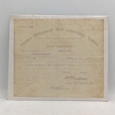 Share certificate for Lecomte Madagascar Gold Consessions Ltd Rare - issued 1905