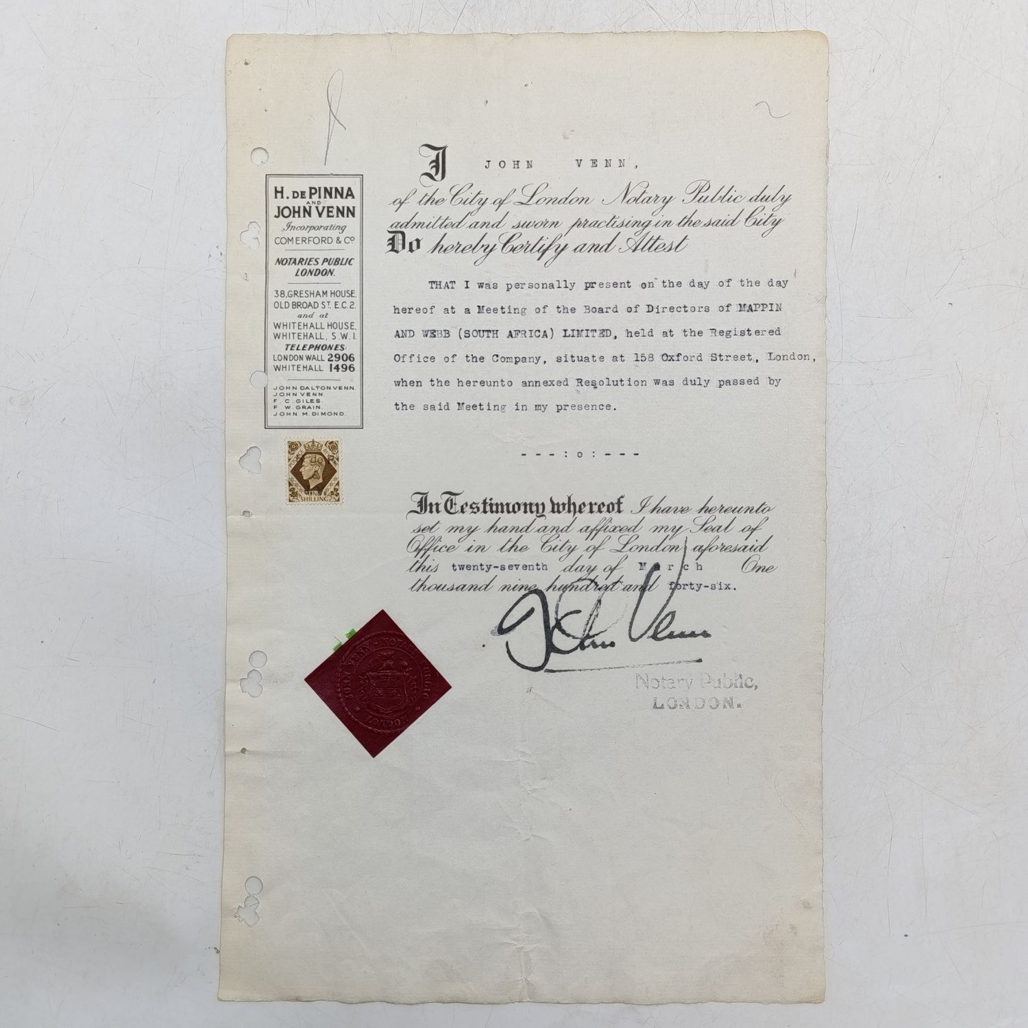 Notary Public document signed by John Venn for a meeting held by Directors at Mappin and Webb