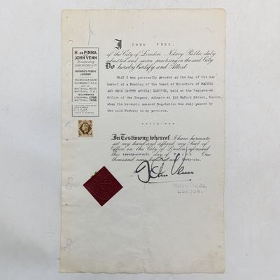 Notary Public document signed by John Venn for a meeting held by Directors at Mappin and Webb